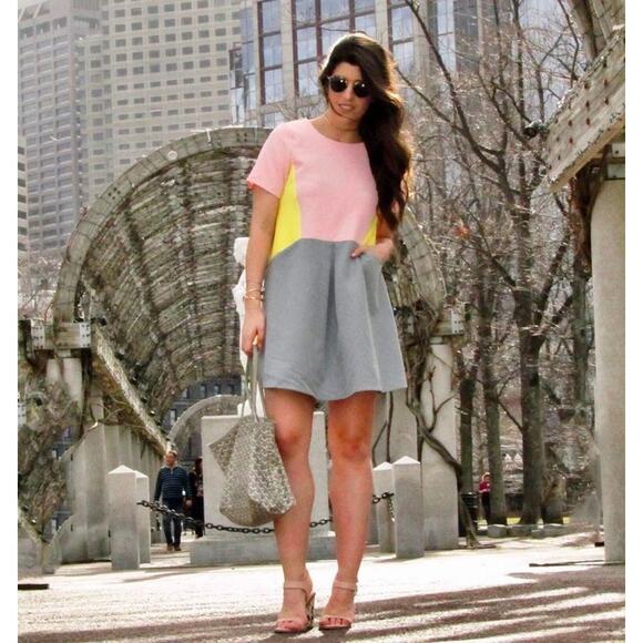 NWOT BlOGGER Fav SHEIN Pink, Yellow, Gray colorblocked dress - Picture 10 of 12